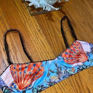 Mermaid Bralette, Seashell Print Blue Unlined Bra, Mermaidcore
